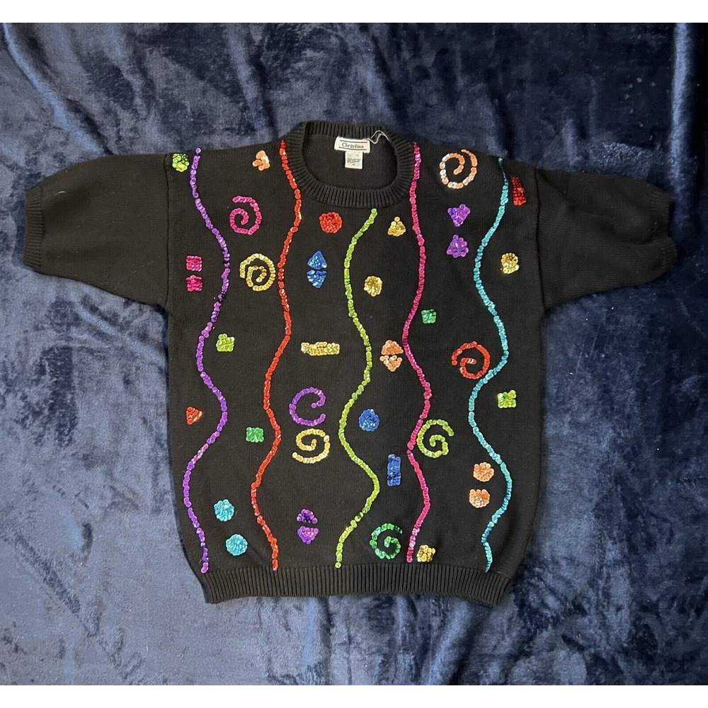 Christina Vintage Black Sweater Pullover‎ Sequin Multicolor Neckline Size M